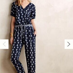 Velvet by Grahm & Spencer x Anthropologie Navy and White Patterned Jumpsuit XS